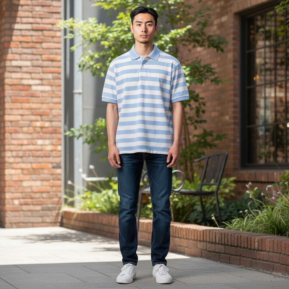 L.L. Bean Polo Shirt Med Blue White Excellent Striped Cotton Pique Short Sleeve